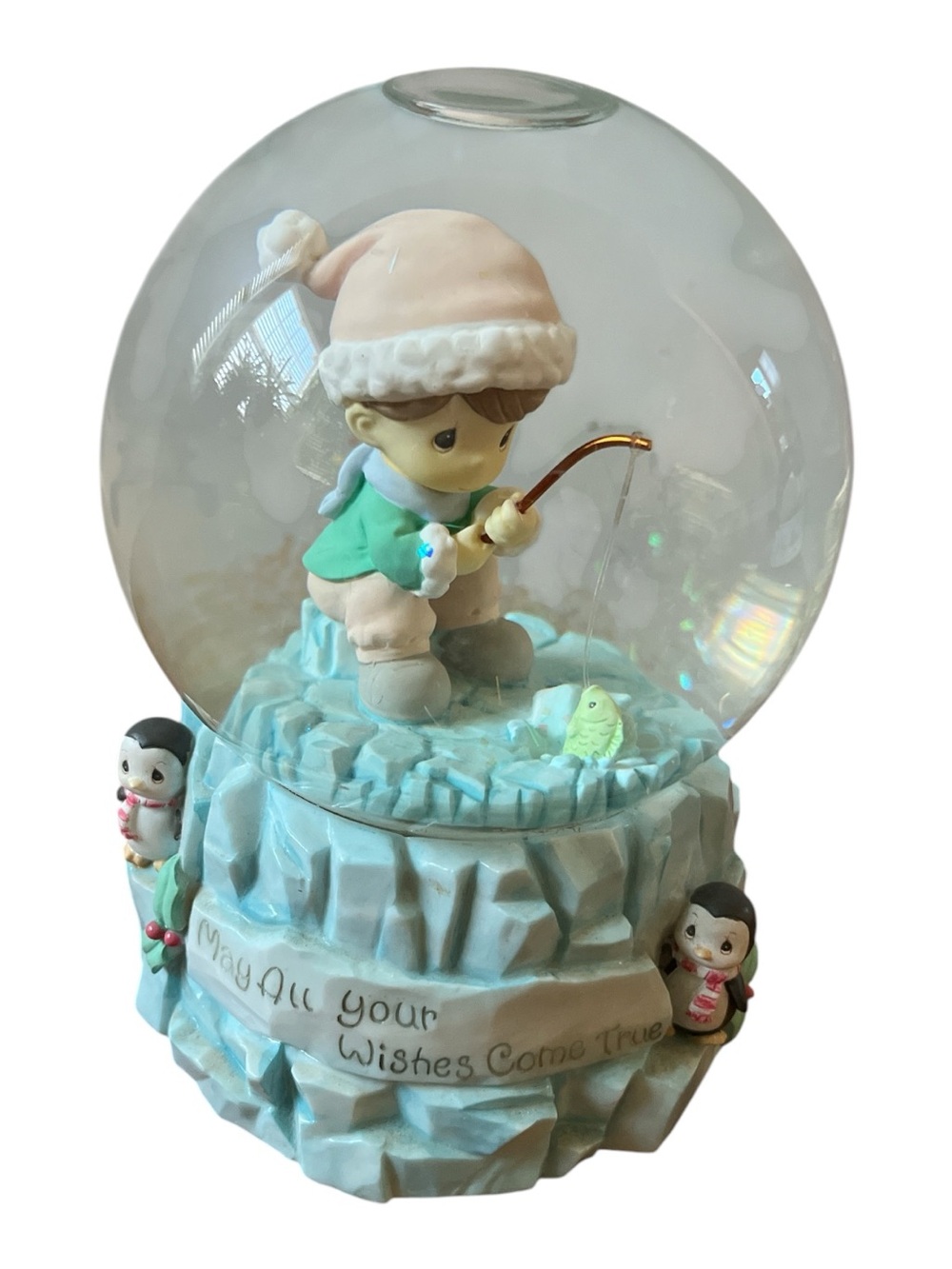 Precious Moments Blue and Cream Winter Fishing Musical Snow Globe by Enesco